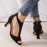 Chunky Heel Women's High Heels, Peep Toe T-strap Back Zipper Sandals, Fashion Black Shoes