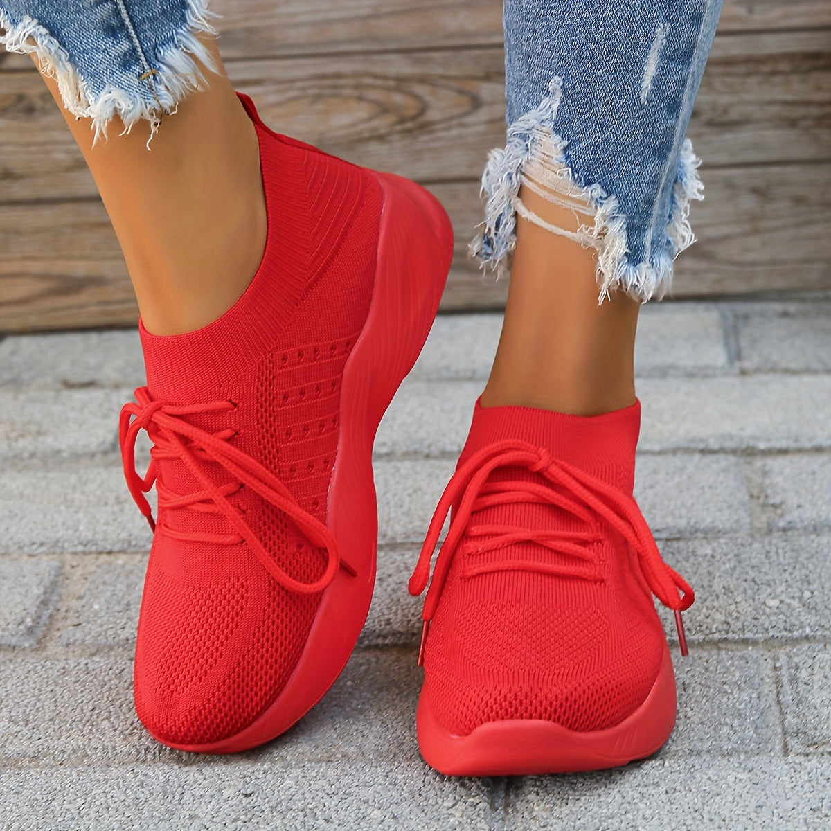Women's Knit Sports Shoes, Solid Color Lace Up Low Top Running Shoes, Casual Outdoor Sneakers