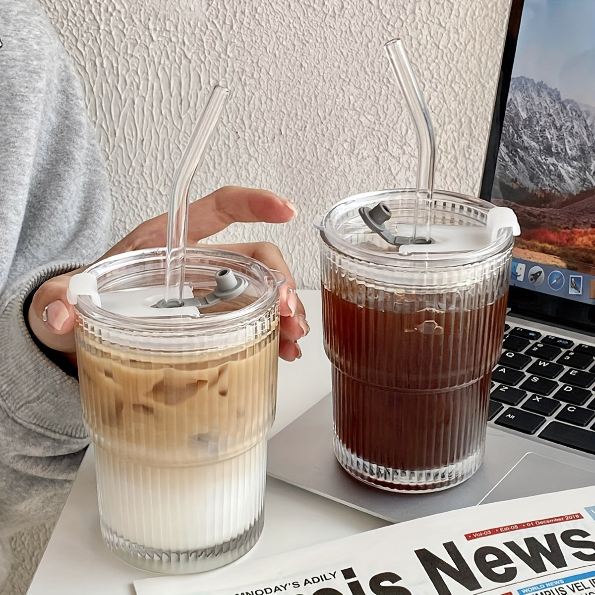 1pc Ribbed Glass Tumbler With Lid And Straw, Origami Style Drinking Glass, Iced Coffee Cups, Summer Winter Drinkware, Travel Accessories