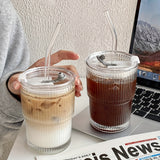 1pc Ribbed Glass Tumbler With Lid And Straw, Origami Style Drinking Glass, Iced Coffee Cups, Summer Winter Drinkware, Travel Accessories