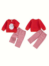 Toddler Boys Christmas Outfits Santa/Truck Embroidery Long Sleeve Sweatshirts and Plaid Long Pants 2Pcs Clothes Set