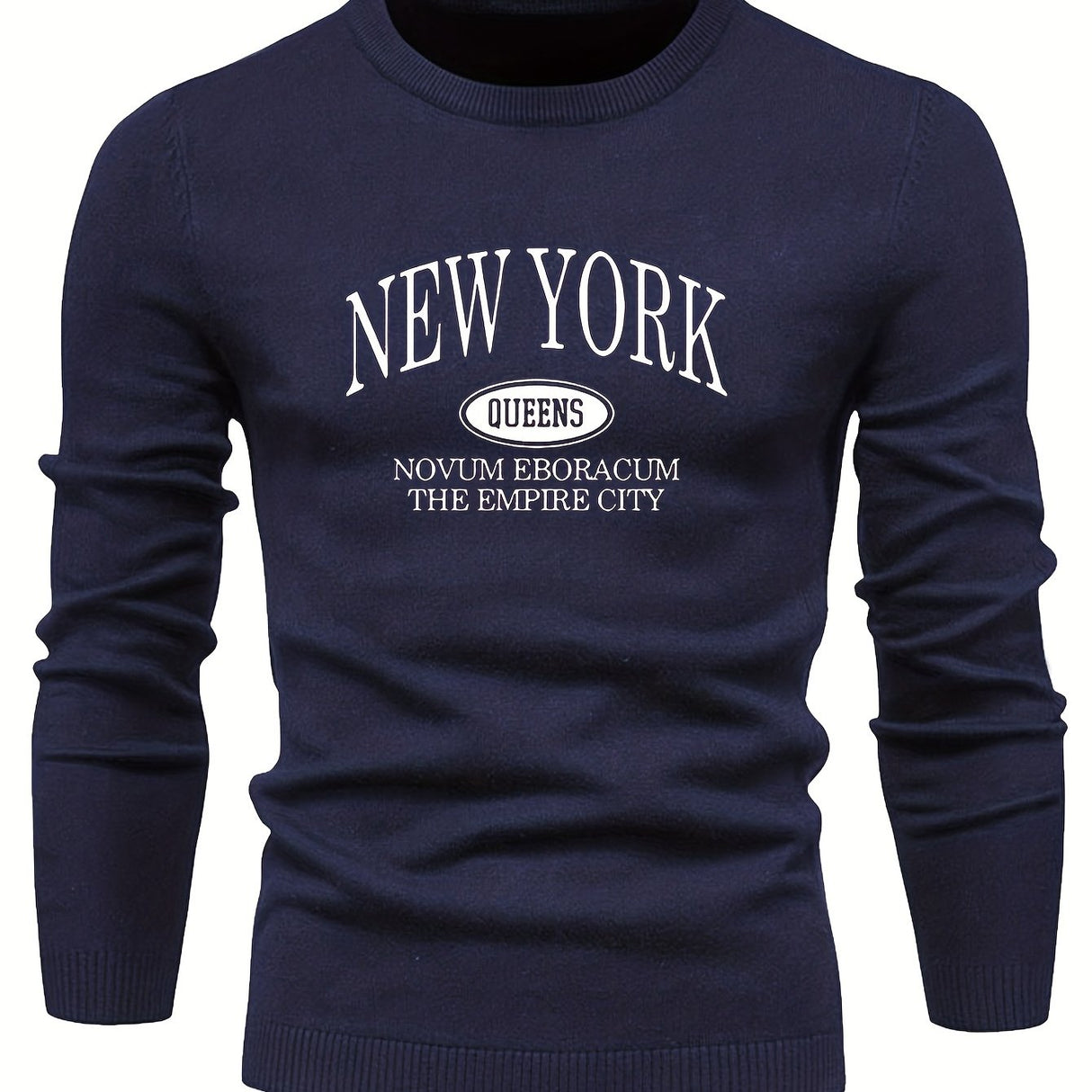 NEW YORK Print All Match Knitted Sweater, Men's Casual Warm Mid Stretch Crew Neck Pullover Sweater For Men Fall Winter