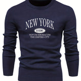 NEW YORK Print All Match Knitted Sweater, Men's Casual Warm Mid Stretch Crew Neck Pullover Sweater For Men Fall Winter