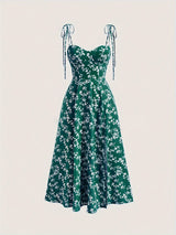 Elegant Y2K Floral Midi Dress for Women - Blue with White Flowers, Off-Shoulder Design, Tie Straps, A-Line Silhouette, Polyester, Machine Washable - Perfect for Summer