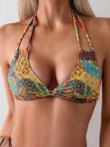 2 Piece Set Triangle Halter Tie Strap Bikini Swimsuit With Shoulder Strap Allover Printed Retro Bohemian Style Swimsuit For Women