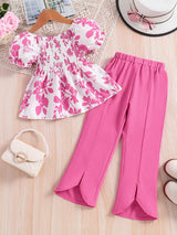 Girls 2pcs Shirred Shirt & Elastic Waist Flared Pants Set Floral Print Short Puff Sleeve Top Elegant Kids Clothes Summer