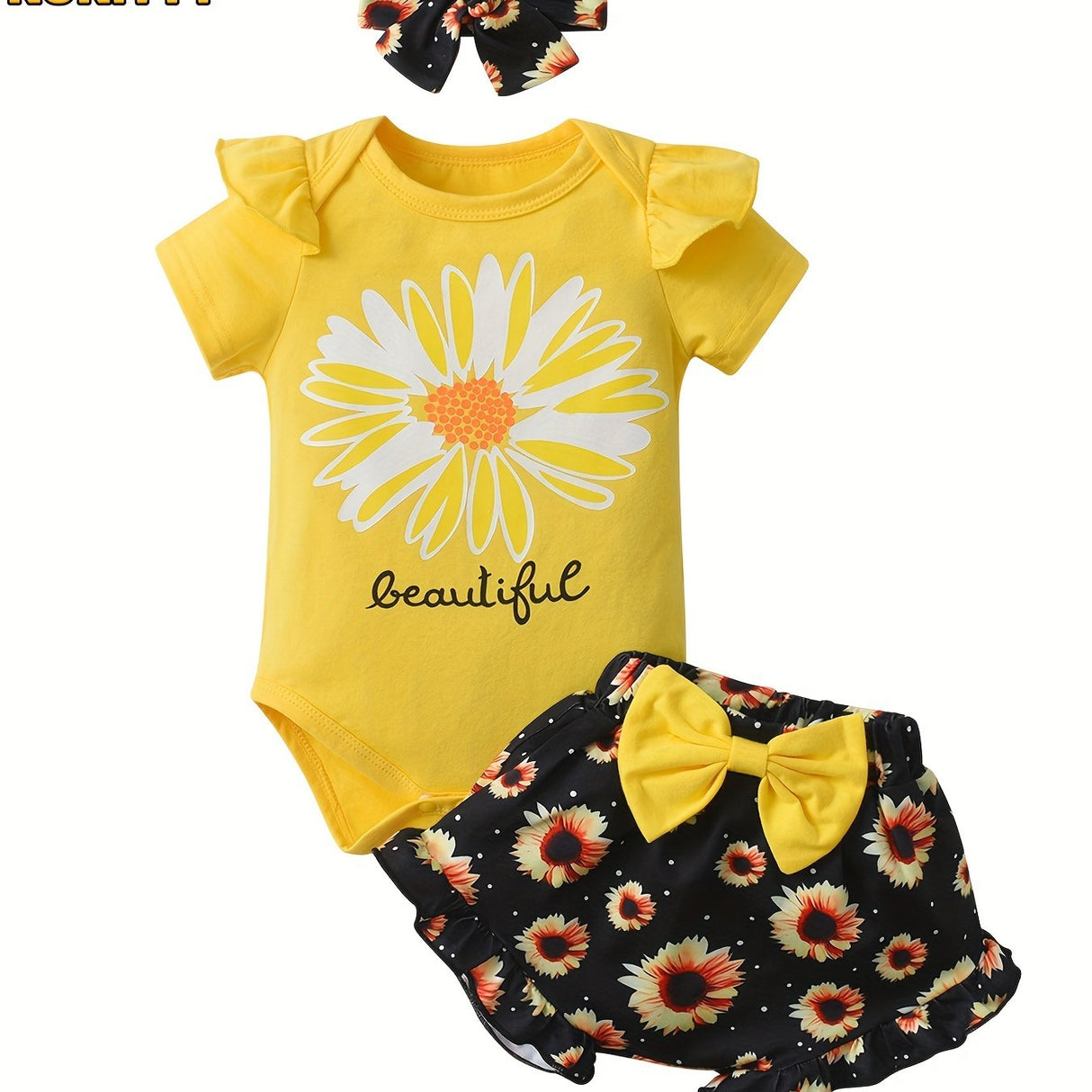 KuKitty Baby Girl Clothes Summer Ruffle Sleeve Sunflower Print Romper Floral Shorts Headband, Infant Girls 3pcs Outfits Set, for Outdoor