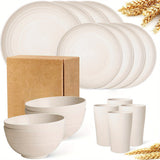 Premium Straw Tableware Set, 16 Unbreakable Tableware Sets, Microwave And Dishwasher Safe, Black Set of 8 Plates, 4 Bowls, 4 Cups.