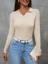 High-Elasticity Solid Lapel Collar Pullover Sweater - Soft, Cozy, and Versatile Casual Long Sleeve Crop Top for Women - Perfect for Spring, Fall, and All Seasons