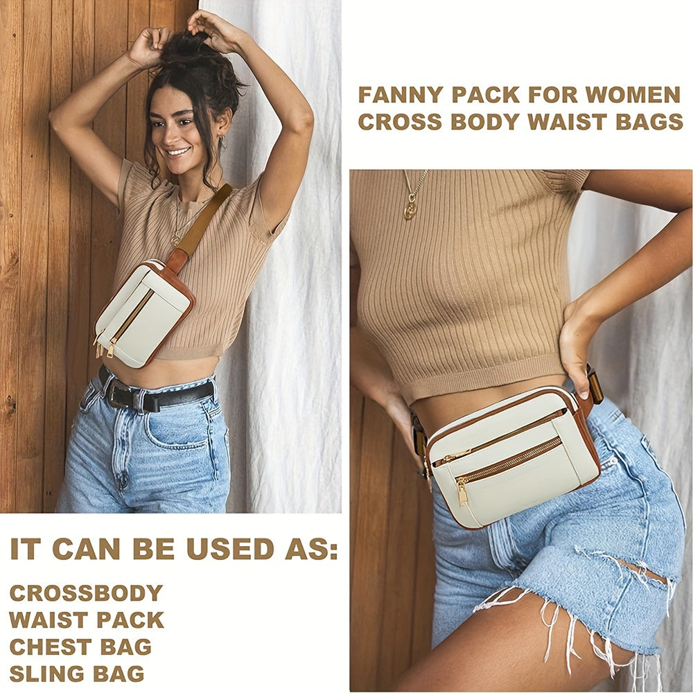 Upgraded Women's Faux Leather Crossbody Bag Belt Bag Fashionable Waist Bag with Adjustable Shoulder Strap Chest Bag with 5 Zipper Pockets