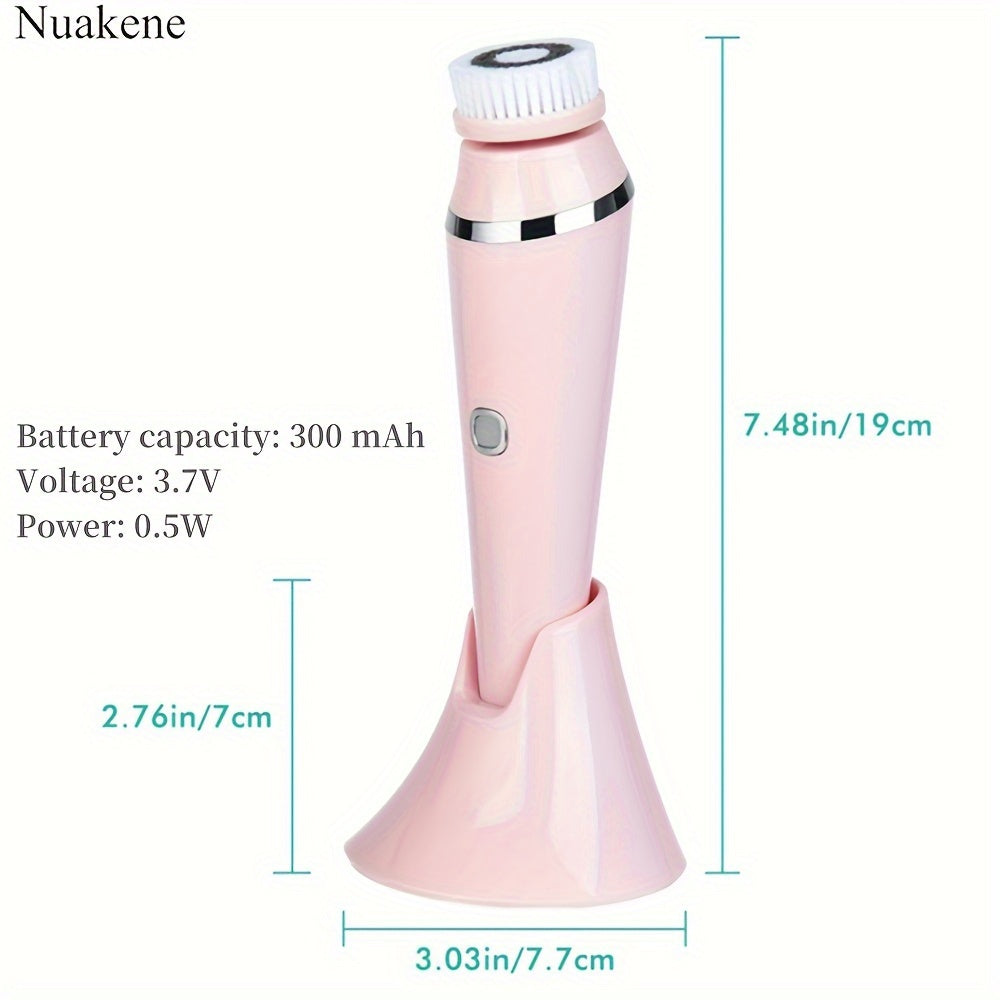 Nuakene 4-in-1 Rechargeable Electric Facial Cleansing Brush - Soft Bristle Brush, Silicone Facial Cleaner, Facial Massager, Rotating Base, Gentle Exfoliator, Deep Cleaning, Holiday Gift for Women