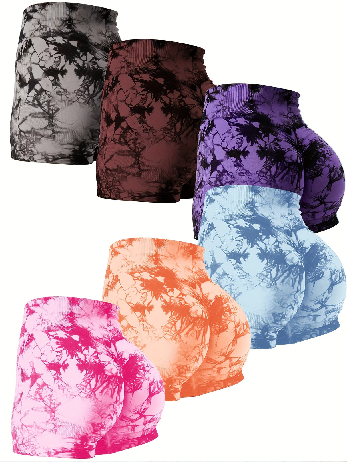 6pcs Vibrant Tie-Dye High-Waist Yoga Shorts for Women - Scrunch Butt Lifting, Seamless Booty Biker Shorts with Side Pockets, Stretchy & Breathable Nylon Blend, Perfect for Gym & Fitness Enthusiasts, Workout Accessories