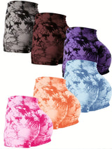 6pcs Vibrant Tie-Dye High-Waist Yoga Shorts for Women - Scrunch Butt Lifting, Seamless Booty Biker Shorts with Side Pockets, Stretchy & Breathable Nylon Blend, Perfect for Gym & Fitness Enthusiasts, Workout Accessories