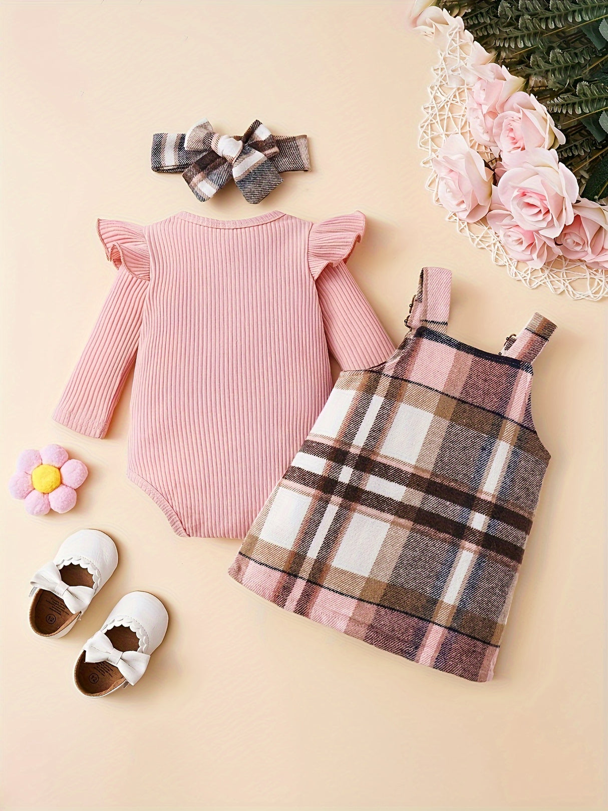 3-piece Baby Girl Autumn Solid Color Pit Stripe Long Sleeve Jumpsuit with Chest Pocket & Adjustable Shoulder Strap - Plaid Skirt & Headband Set - For Girls 0-12 Months - Perfect for Fall Outfits & Photoshoots - Ideal Gift for