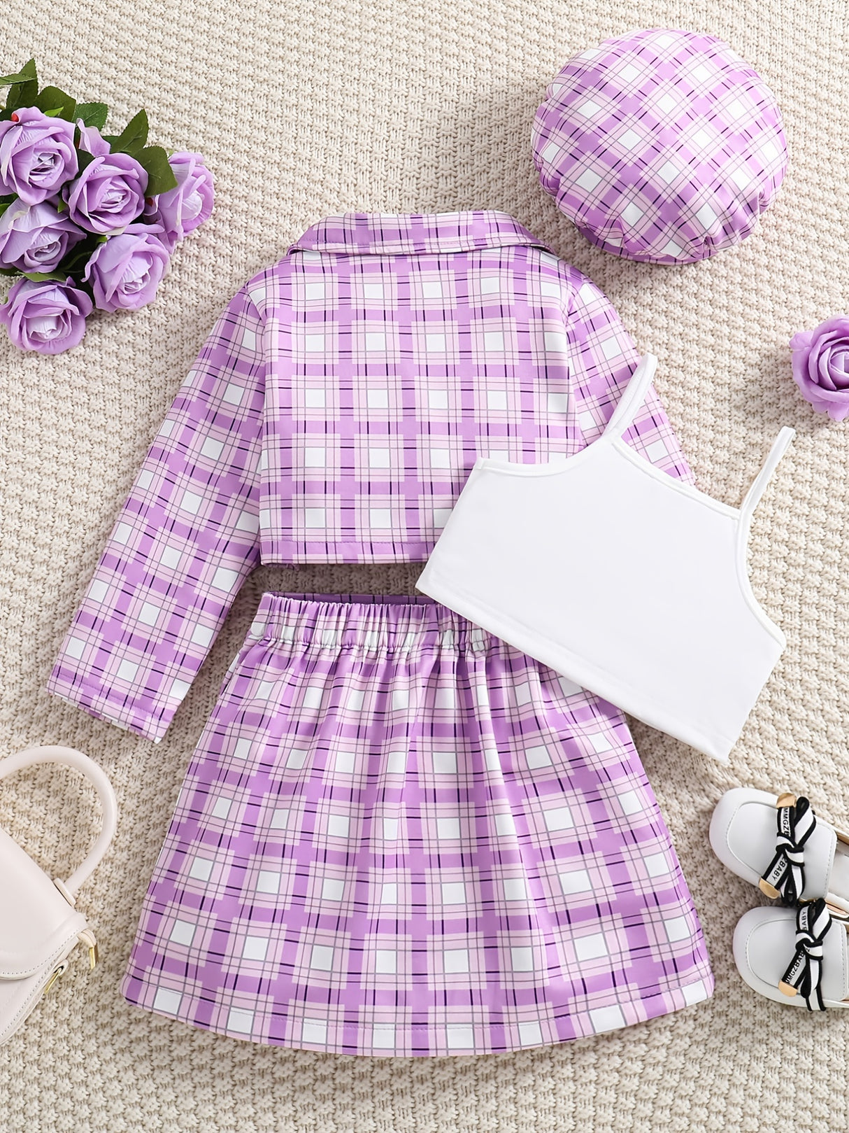 Girl's Trendy 4pcs, Long Sleeve Blazer & Beret Hat & Camisole & Skirt Set, Plaid Print Casual Outfits, Kids Clothes For Spring Summer