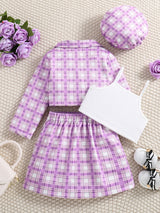 Girl's Trendy 4pcs, Long Sleeve Blazer & Beret Hat & Camisole & Skirt Set, Plaid Print Casual Outfits, Kids Clothes For Spring Summer