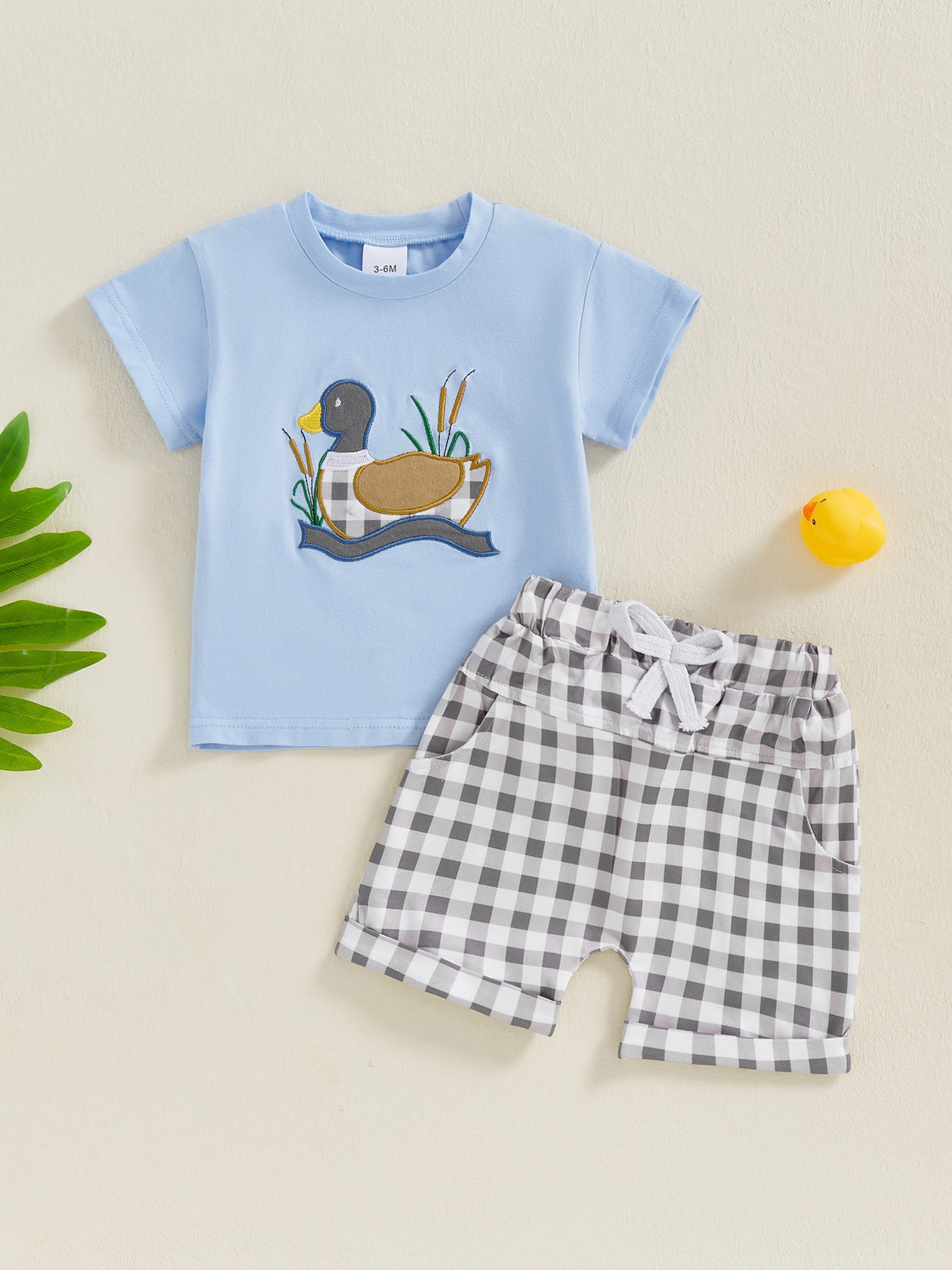 Toddler Baby Boys Clothes Sets Animal Embroidery Short Sleeve T-Shirt Plaid Elastic Waist Shorts
