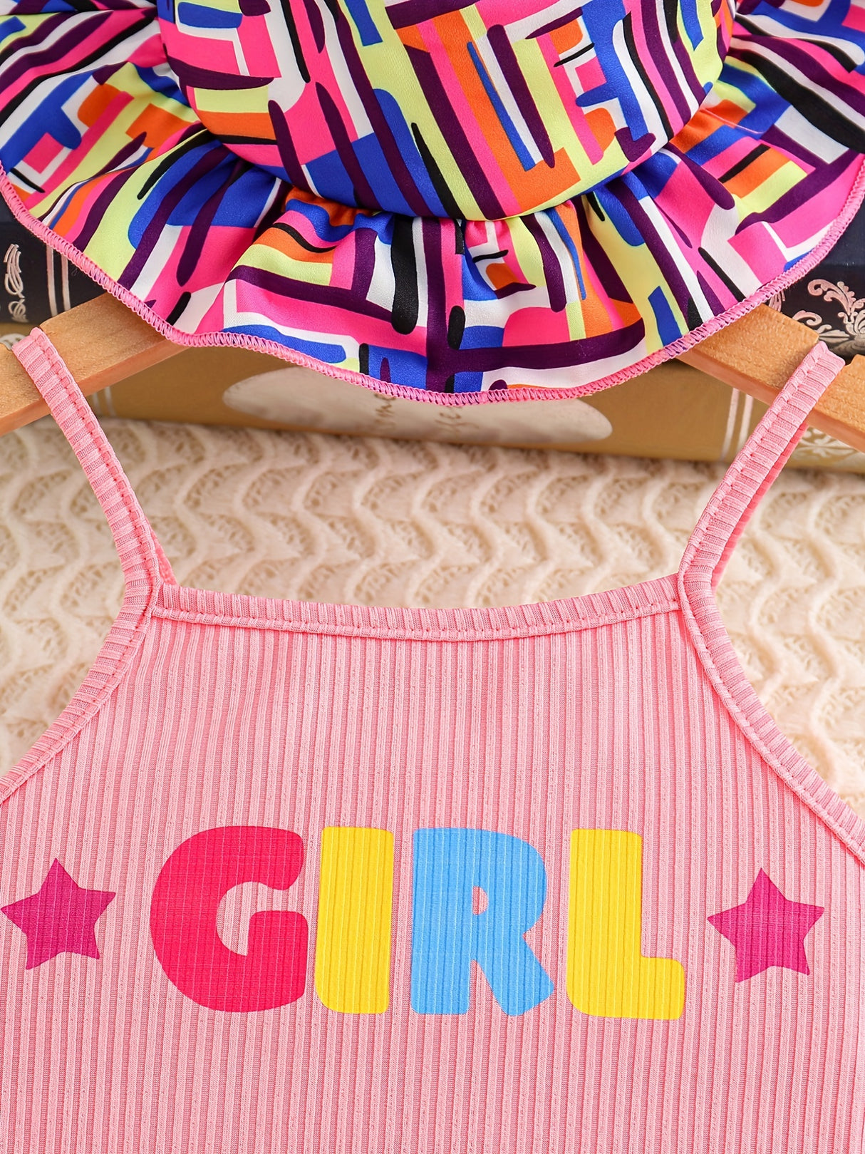 Toddler Girl's Geometric Pattern 3pcs, Ribbed Cami Top & Hat & Belted Shorts Set, Street Style Casual Outfits, Kids Clothes For Summer Vacation Music Festival