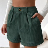 Chic Textured High Waist Shorts for Women - Button Front, Slant Pockets, Rolled Hem Design - Casual Everyday Wear