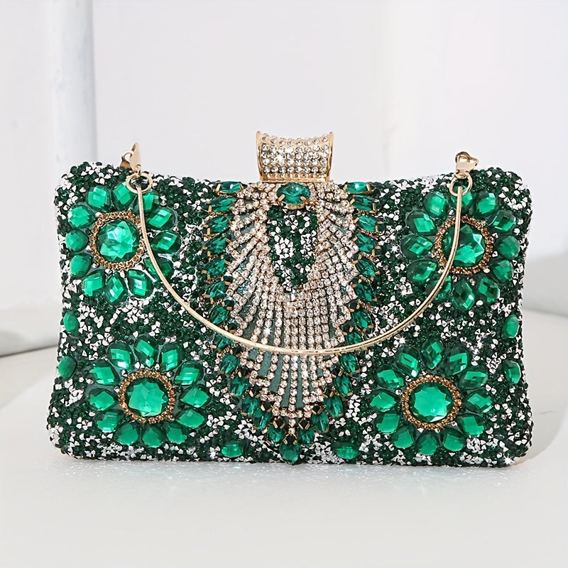 Vintage Glamour Ladies' Cocktail Clutch Bag - Sparkling Rhinestones, PU Leather, Optional Chain Shoulder Strap, Stylish Party Prom Handbag with Classic Design and Timeless Elegance