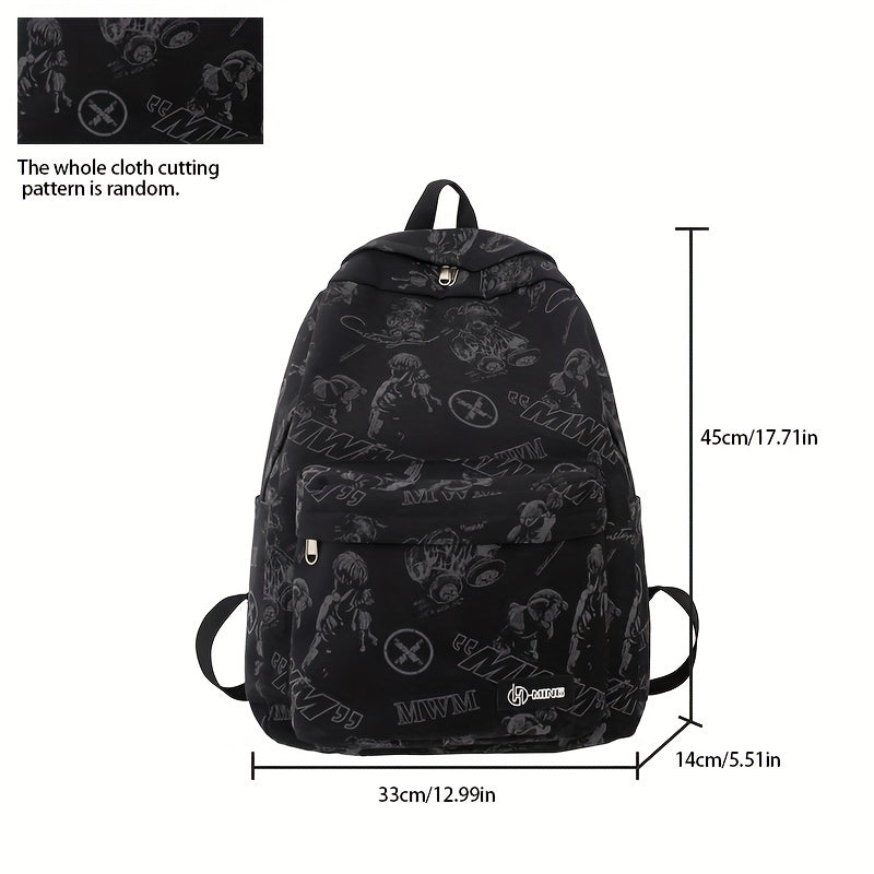 Reflective Graffiti-Style Large Capacity Backpack - Durable Nylon, Casual College & High School Bag with Laptop Compartment, Hand-Washable, Black with White & Gray Graphics, Backpack for School