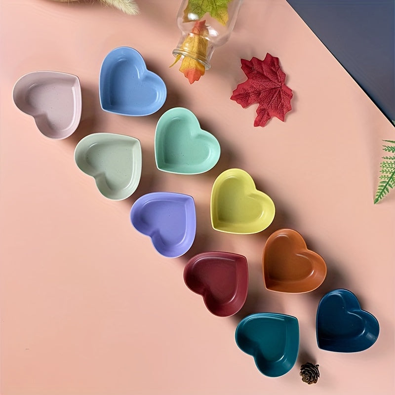 10pcs, Heart Shaped Sauce Dipping Bowls, Wheat Straw Dip Bowls, Small Plastic Appetizer Plates, Dinnerware, Home Kitchen Accessories