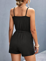 Women's Black Sleeveless Romper with Golden Chain Detail - Casual V-Neck Jumpsuit with Adjustable Drawstring Waist and Ring Accents, Perfect for Spring/Summer, Ladies Rompers And Jumpsuits