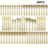 60pcs, Stainless Steel Flatware Set, Black & Golden Silverware, Mirror Polished Cutlery Set, Includes Knives, Forks, Spoons, For Weddings, Birthdays, Independence Day, Dishwasher Safe