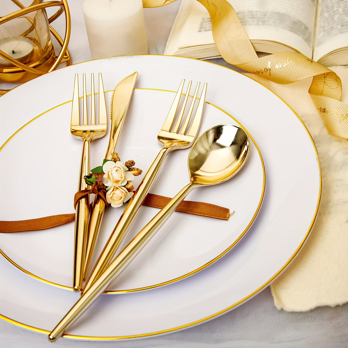 50pcs, Golden Plastic Silverware, Luxury Golden Plastic Cutlery, Heavy Weight Golden Plastic Flatware, Golden Utensils Set Disposable Include Golden Forks, Golden Spoons, Golden Knives For Party