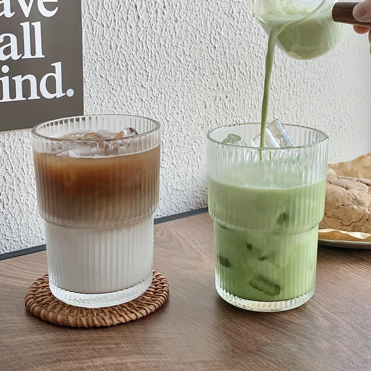 1pc Ribbed Glass Tumbler With Lid And Straw, Origami Style Drinking Glass, Iced Coffee Cups, Summer Winter Drinkware, Travel Accessories