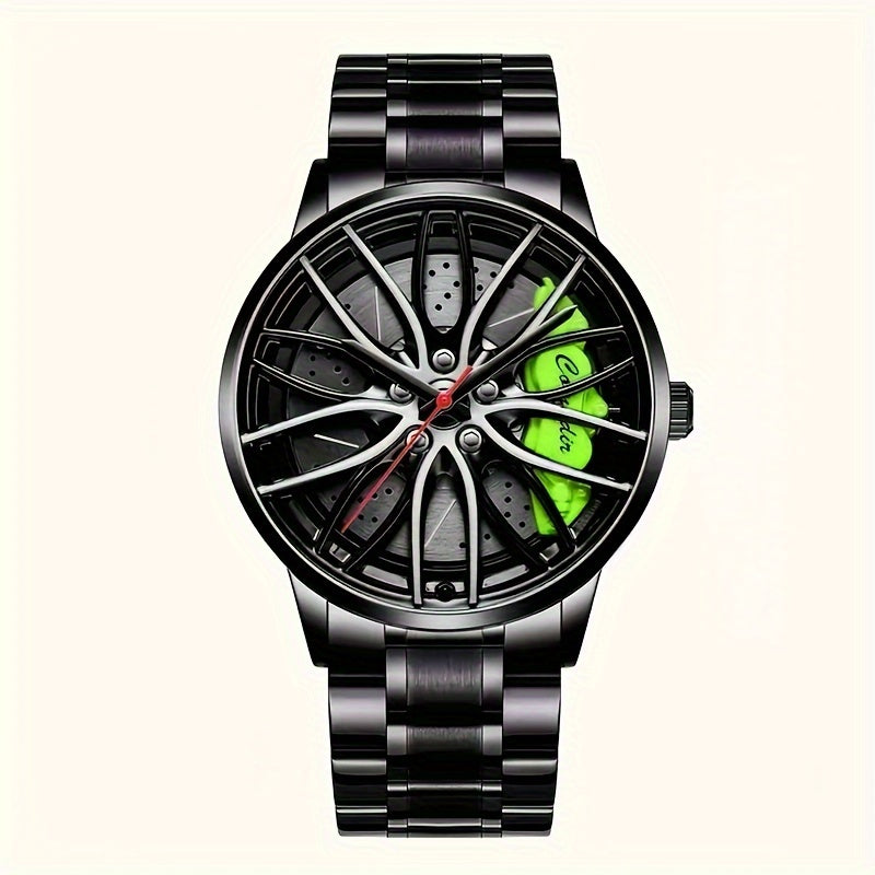 1pc Men's Trendy Black Alloy Sports Car Wheel Hub Design Quartz Watch - Fashionable Wrist Watches with Stylish Hubcap Pattern, Water Resistant and Accurate Timekeeping - Perfect for Outdoor Enthusiasts and Car Lovers