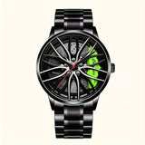 1pc Men's Trendy Black Alloy Sports Car Wheel Hub Design Quartz Watch - Fashionable Wrist Watches with Stylish Hubcap Pattern, Water Resistant and Accurate Timekeeping - Perfect for Outdoor Enthusiasts and Car Lovers