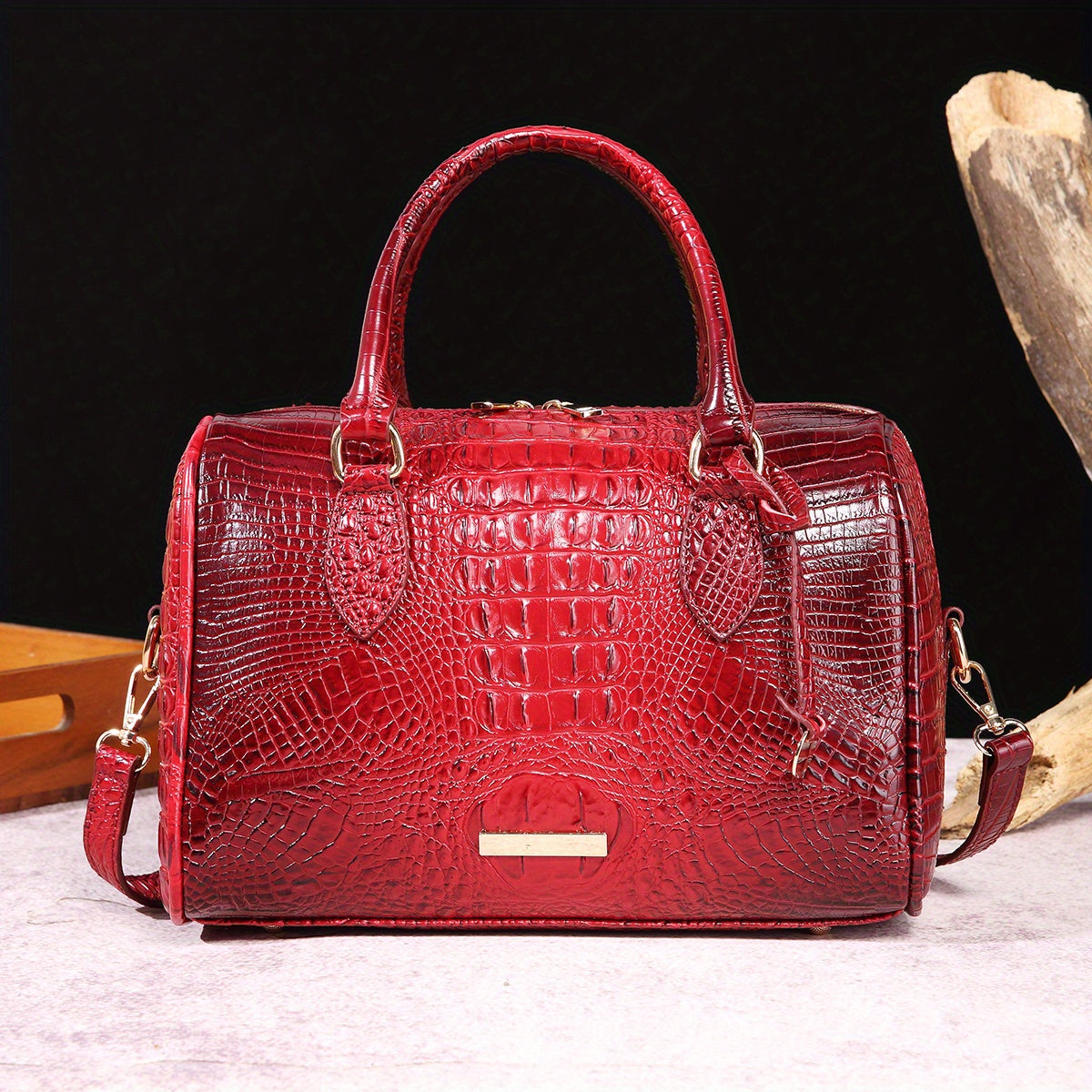 Luxury Crocodile Pattern Handbag, Retro Genuine Purse, Women's Classic Boston Bag & Shoulder Bag