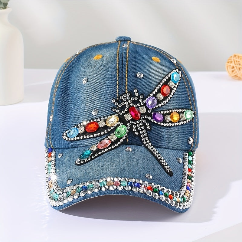 Fashion-Forward Rhinestone Dragonfly Denim Dad Hat - Blue Washed & Distressed - Sun-Protective Baseball Cap for Women