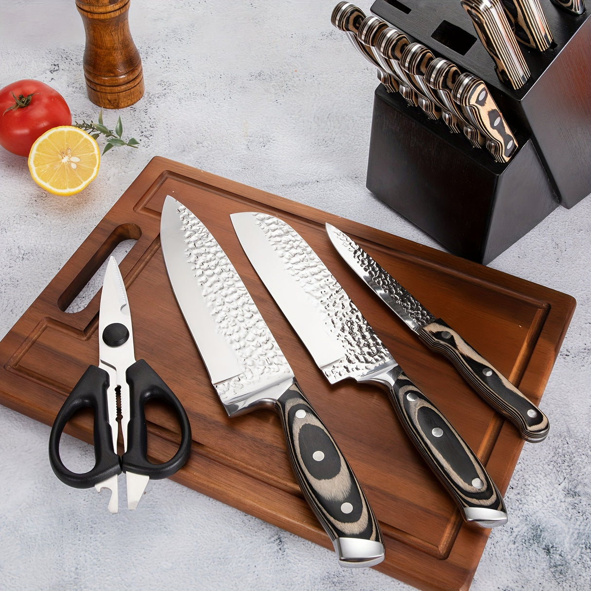15-Piece Premium Kitchen Knife Set - Ultra Sharp High Carbon Japanese Stainless Steel Full-Tang Design with Irregular Hammer Pattern and Wooden Block Storage - Durable, Rust-Resistant, and Easy to Clean