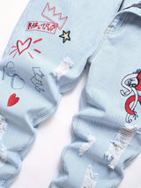 Men'S Slim Fit Letter & Heart Embroidered Ripped Jeans for men