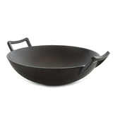 Large 14-Inch Cast Iron Wok with Wooden Lid - Perfect for Big Families and Social Gatherings, Durable, Heat-Resistant, and Non-Stick Cooking Surface