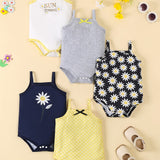 5pcs Adorable Baby Girl's Floral Romper Set - Soft Polyester & Elastane Blend, Machine Washable - Includes "Sunny Day" Daisy Tank Top, Gray Onesie with Bow, and Yellow Polka Dot Bodysuit with Suspenders, Baby Girl Clothes, Pe