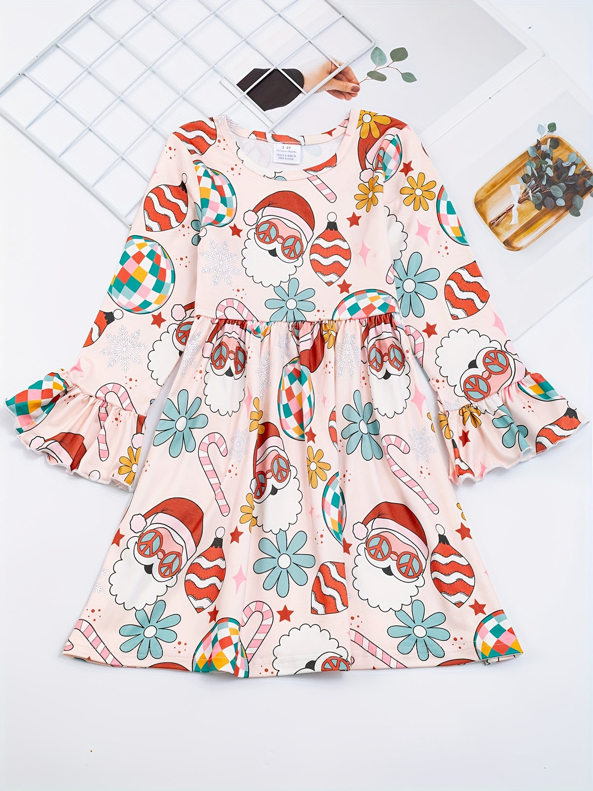 Festive Girls' Christmas Party Dress - Casual & Stretchy Santa Claus & Candy Graphic Kids Clothes for Girls
