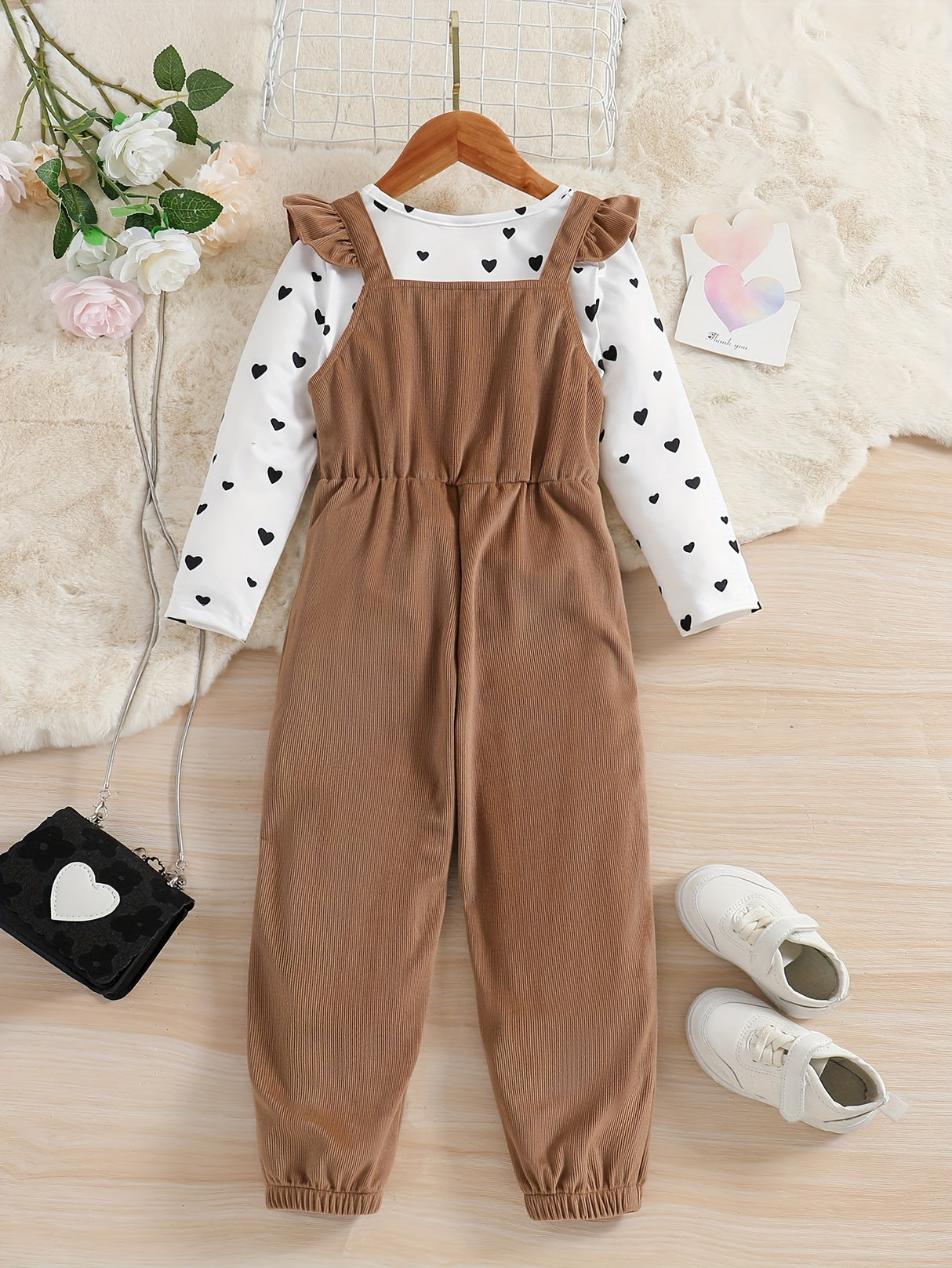 Girl's 2pcs, Bowknot Decor Corduroy Overalls & Heart Allover Print Top Set, Casual Outfits, Kids Clothes For Spring Fall