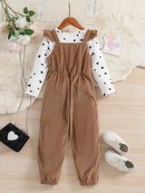 Girl's 2pcs, Bowknot Decor Corduroy Overalls & Heart Allover Print Top Set, Casual Outfits, Kids Clothes For Spring Fall