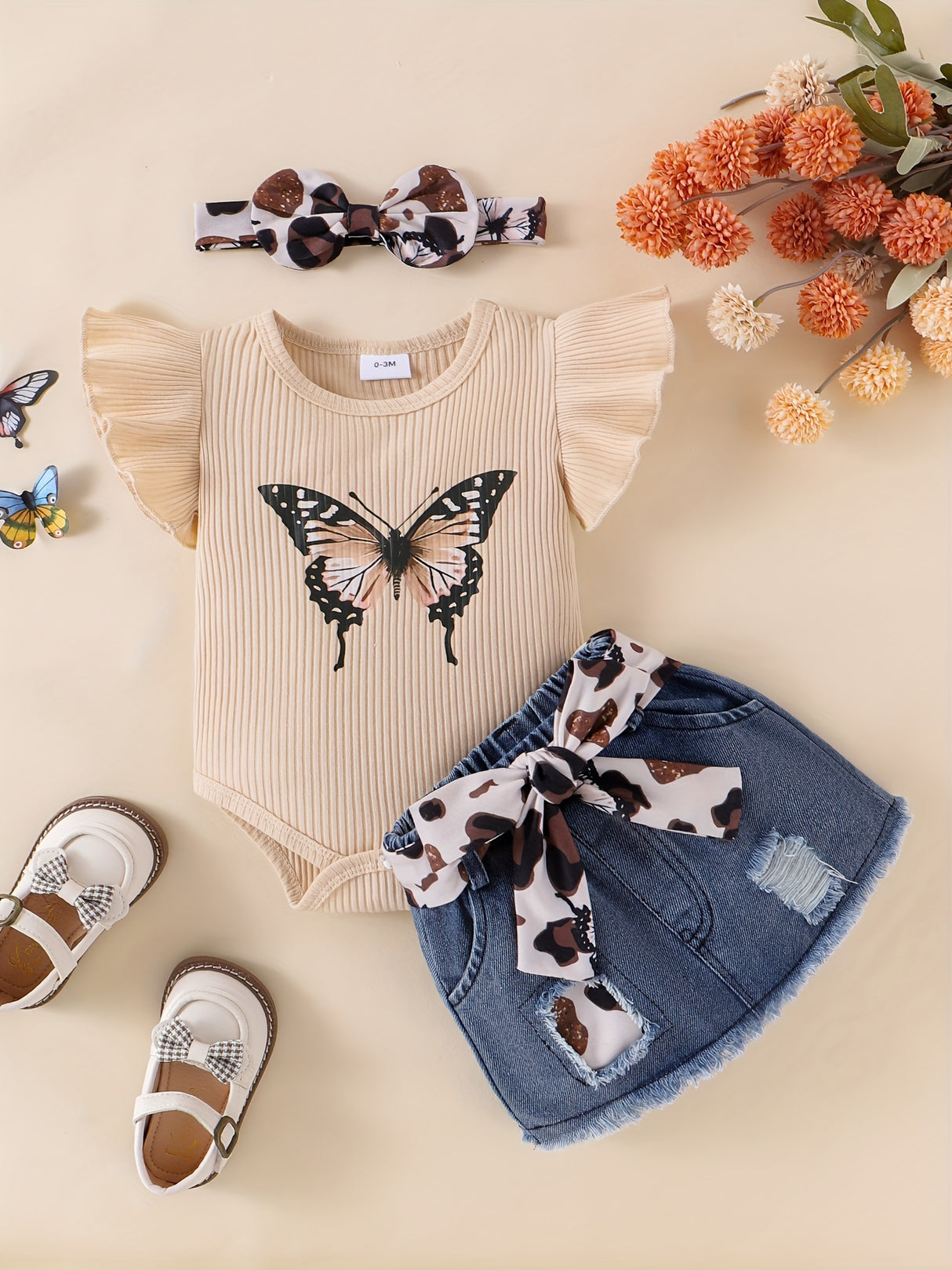 Baby Girl Clothes Newborn Short Sleeve Ruffle Romper Short Jeans Pants Leporad Infant Outfits 3pcs