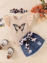Baby Girl Clothes Newborn Short Sleeve Ruffle Romper Short Jeans Pants Leporad Infant Outfits 3pcs