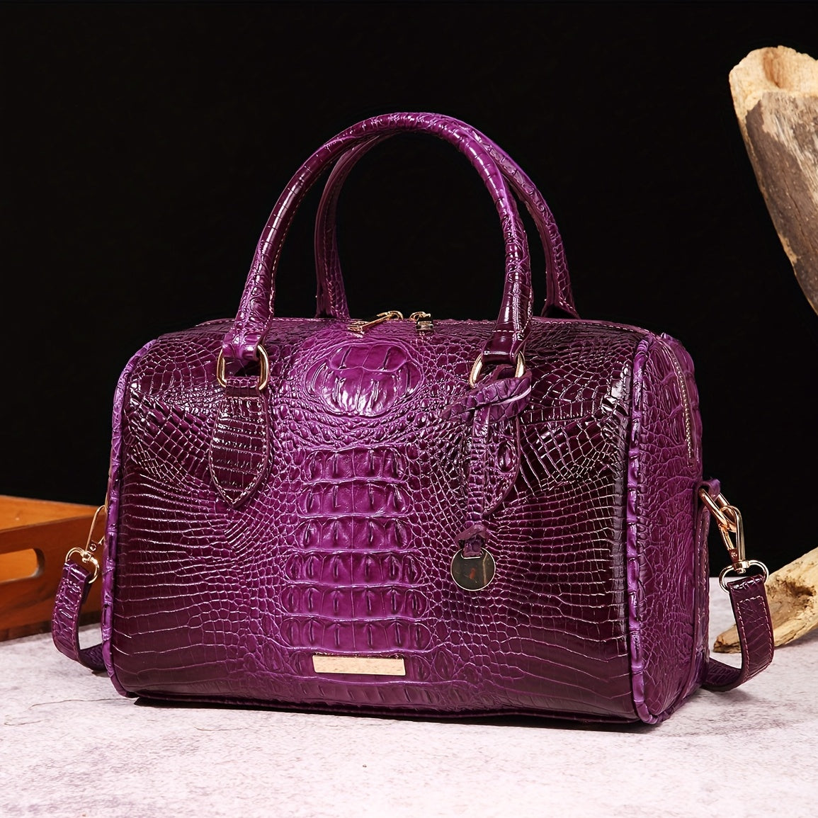Luxury Crocodile Pattern Handbag, Retro Genuine Purse, Women's Classic Boston Bag & Shoulder Bag