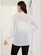 Flirty Ruffle Trim Blouse - Solid Color with Classy Button Front, Flowy Long Sleeves - Feminine Casual Top for Women