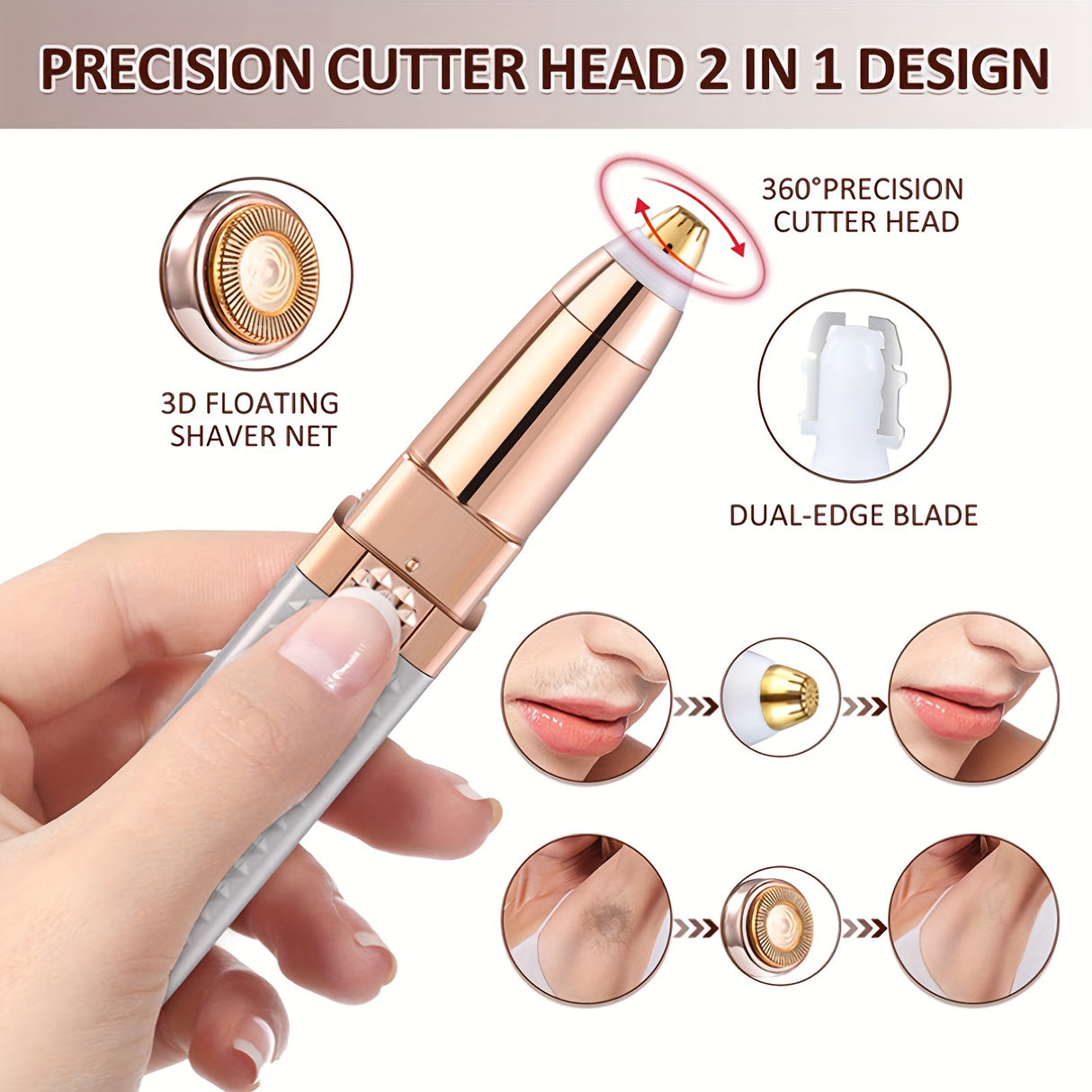1pc FAMORIAL Women's 2-in-1 Rechargeable Eyebrow Trimmer & Facial Hair Remover with Built-in LED Light, Painless Hair Shaver with Golden-Tipped Head & Handle, Multi-Purpose for Face, Body, Eyebrows, Lips, Chin, Arms, Legs - W