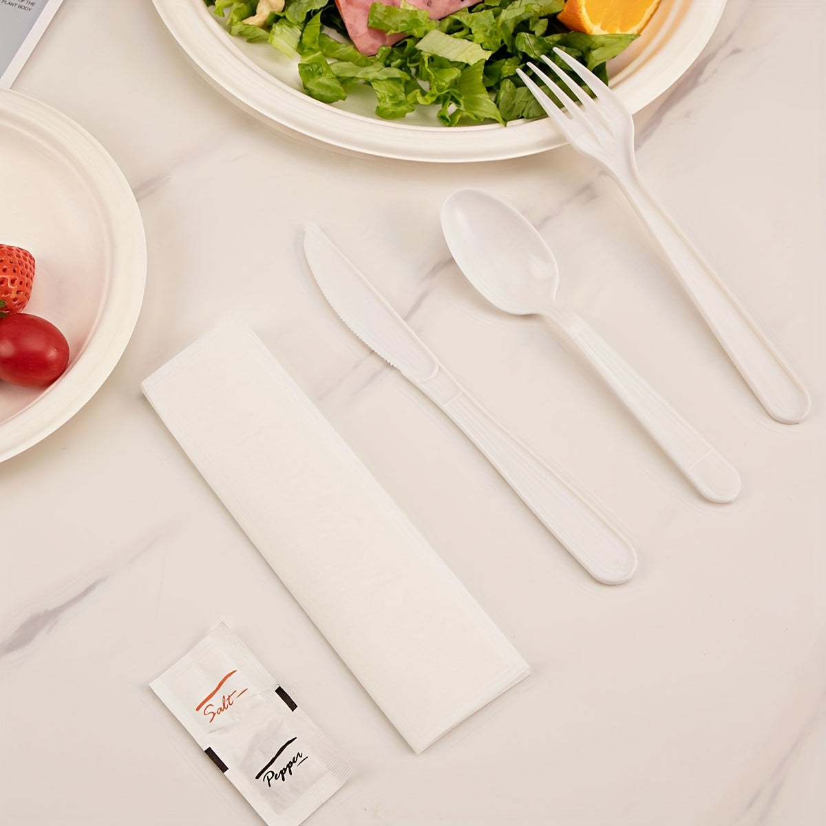 100 Packs Plastic Silverware Packets with Pepper, Salt & Napkin, White Plastic Cutlery Sets Individually Wrapped Cutlery, Disposable Heavy-Duty Utensils Sets, for Delivery, Cafeterias, Restaurants