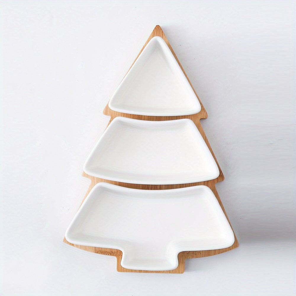 1set, Ceramic Breakfast Tray, Christmas Tree Shaped Plates Chip & Dip Set, Christmas Ceramic Snack Plate With Bamboo Tray, Removable Porcelain Tree Appetizer Dessert Fruit Salad Saucers Bowl, Cutlery Platter Serving Dish