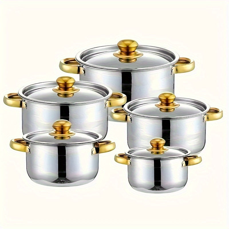 10-Pieces Stainless Steel Cookware Set - Kitchen & Dining Essential For Induction Cooking, Stockpot, Ricotta Pot, Double Handle With Pot Lid, Suitable For Soup, Hotpot, Pasta, Seafood Soup, Rice Cooker