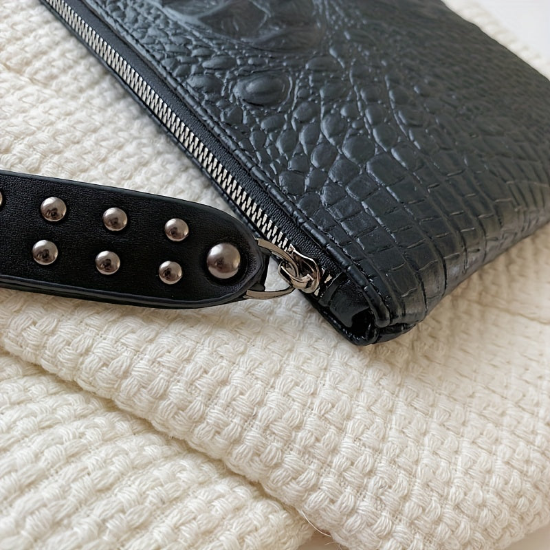 Crocodile Pattern Square Clutch Bag - Zipper Closure, Fixed Shoulder Straps, Animal Print PU Handbag with Polyester Lining and Wristlet - Fashionable Studded Decor for Women